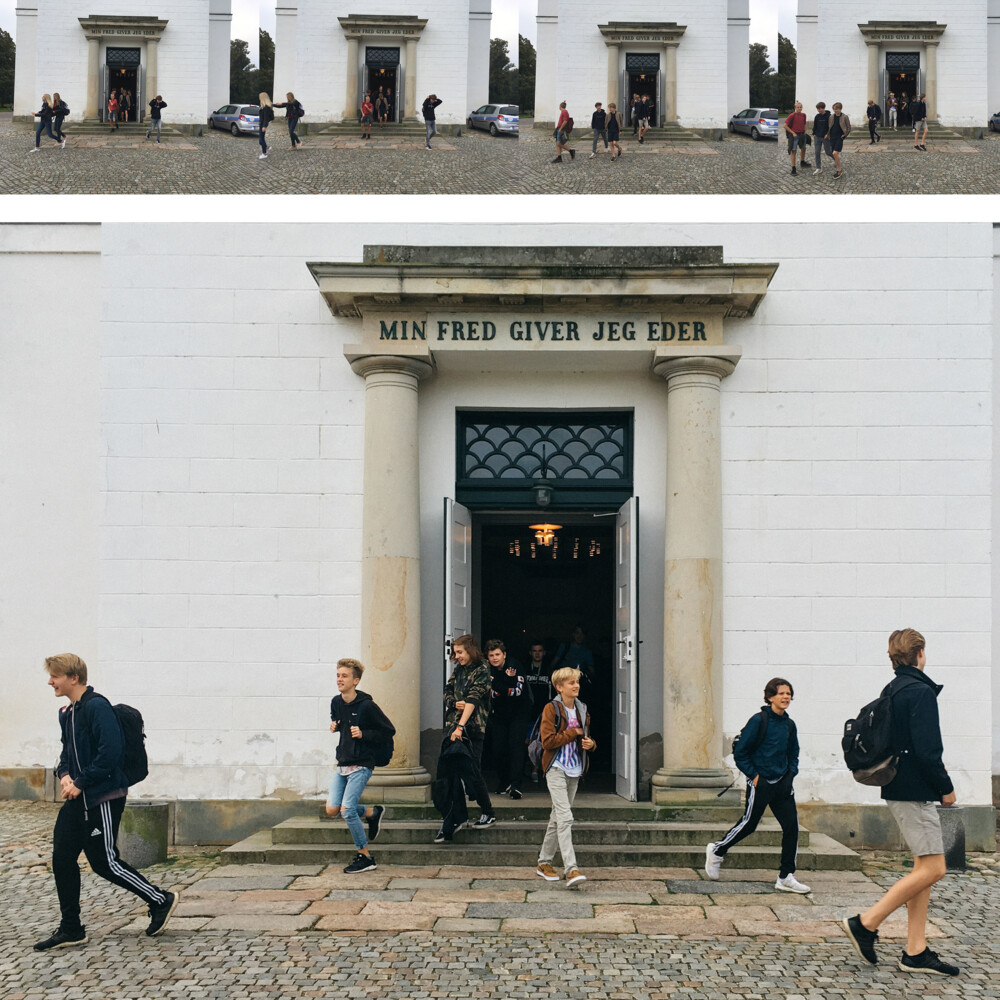 collage - fem billeder af unge på vej ud af kirke