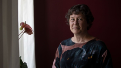 Biskop Marianne Christiansen Biskop Marianne Christiansen står ved siden af vindue med gardiner og en blomst